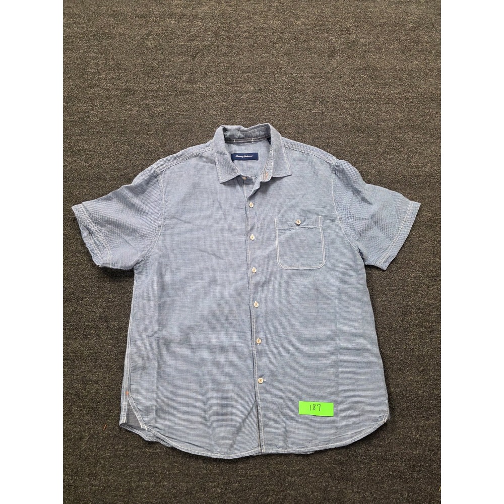Tommy Bahama Mens Large Blue Gingham Linen Tencel Short Sleeve Shirt T317359